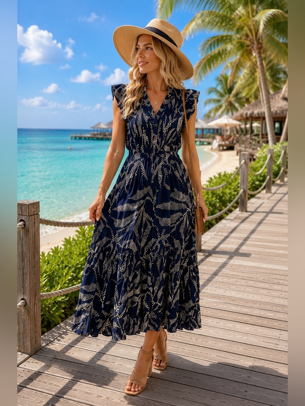 THML Navy Printed V-Neck Maxi Dress with White Dot Leaf Pattern